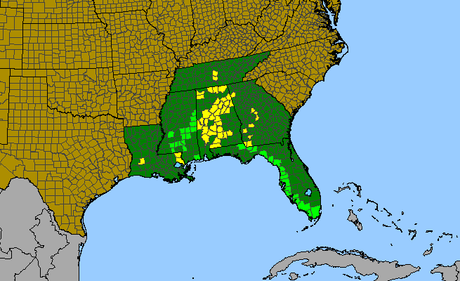 The range of Polygala boykinii